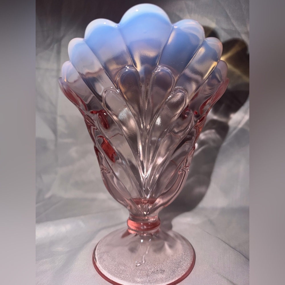 Pink Opalescent Glass Vase, Decorative, Scalloped Rim, Pedestal Base, 6.5" Tall - Picture 7 of 13